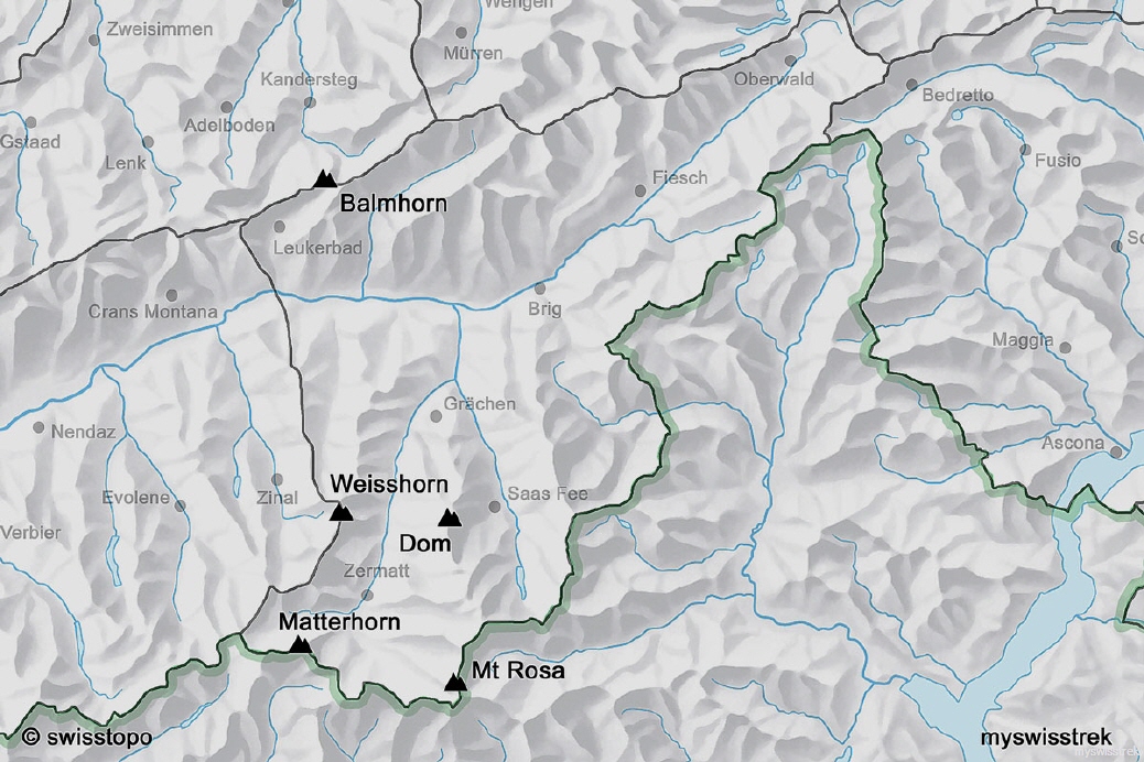 Lage Karte Berge & Gipfel Oberwallis