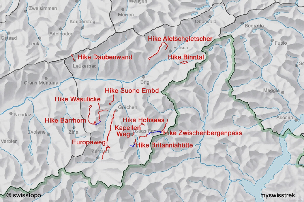 Lage Karte Wandern & Bergtouren Oberwallis