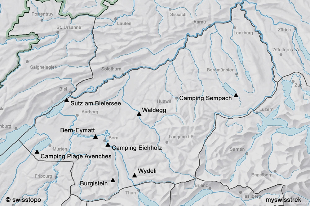 Karte Camping & Zeltplätze Mittelland