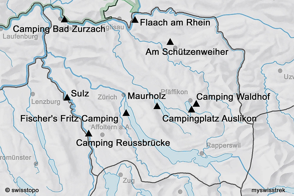 Karte Camping und Zeltplätze Region Zürich